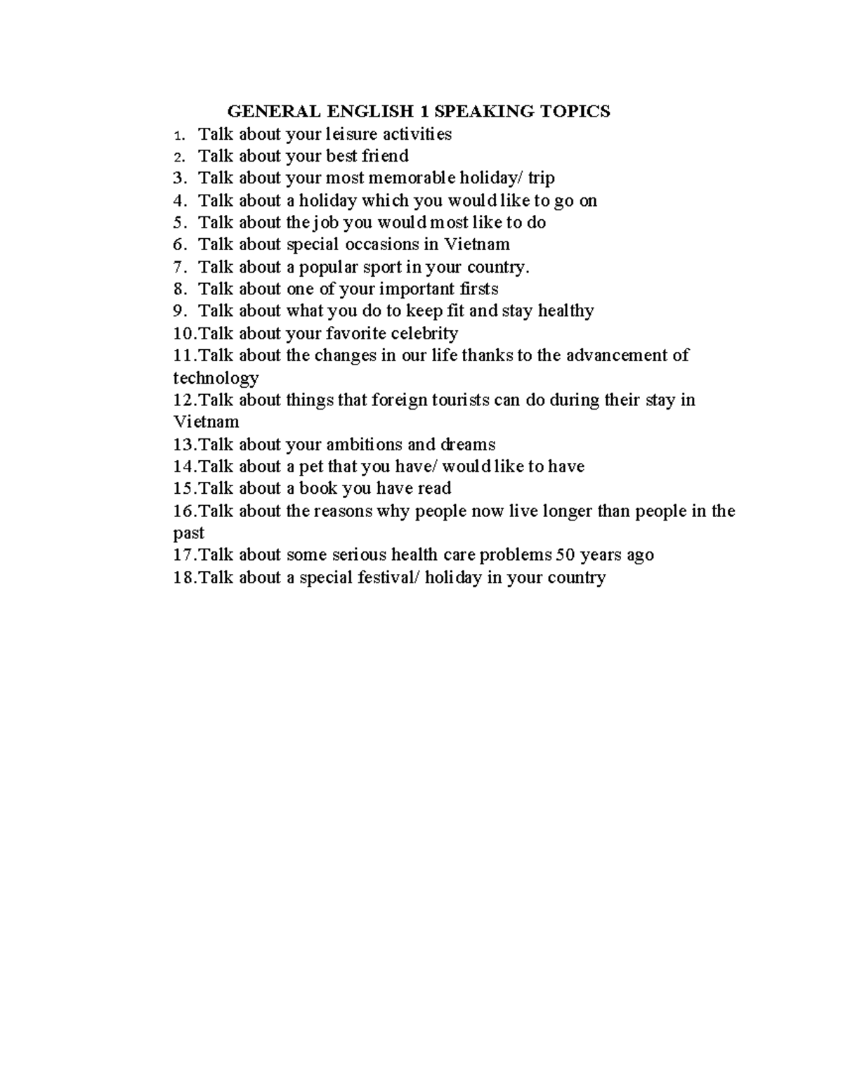 General English 1 Speaking Topics: AJC Guide for Discussion - Studocu