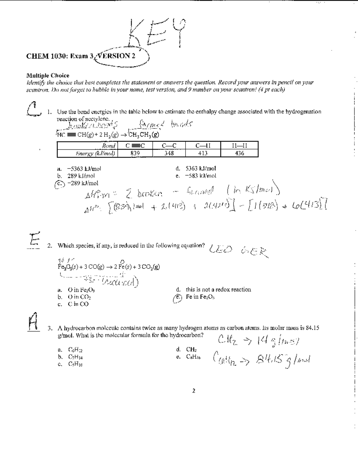 KEY CHEM 1030: Exam 3 Version 2 - Multiple Choice Solutions - Studocu