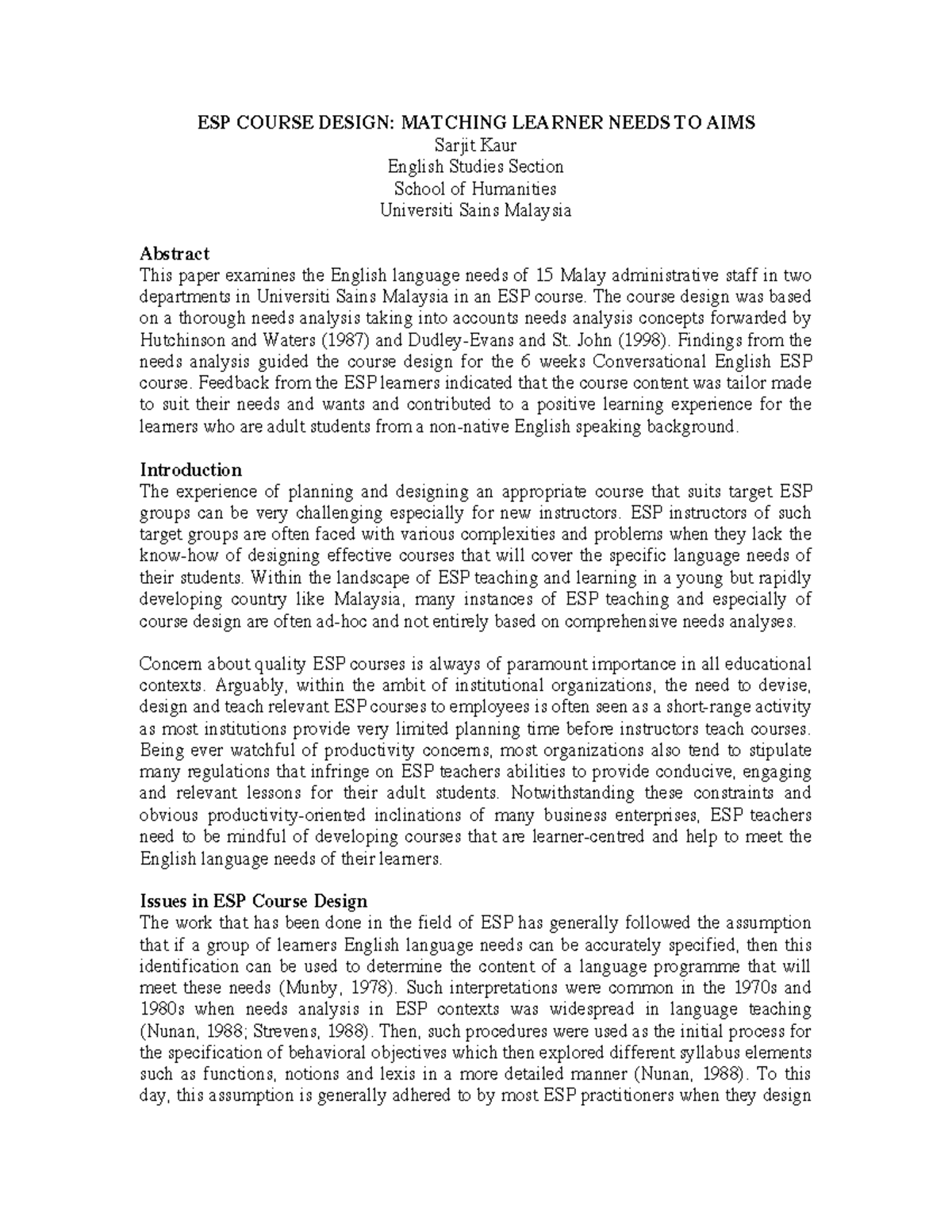 ESP Course Design: Tailoring Conversational English to Learner Needs ...