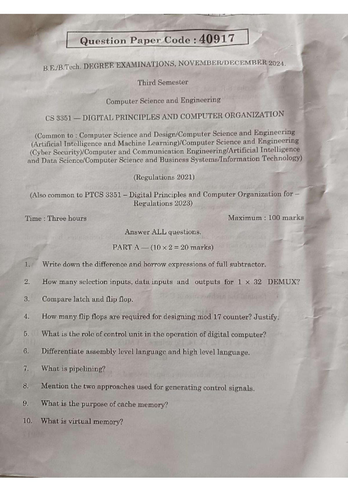 CS3351 Nov/Dec 2024 Question Paper - Digital Principles & Computer Org ...