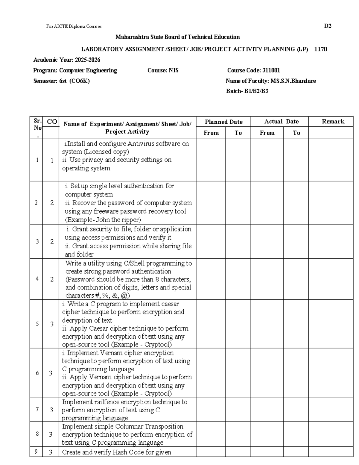 NIS Course 311001 - Laboratory Assignment Project Activity Planning ...