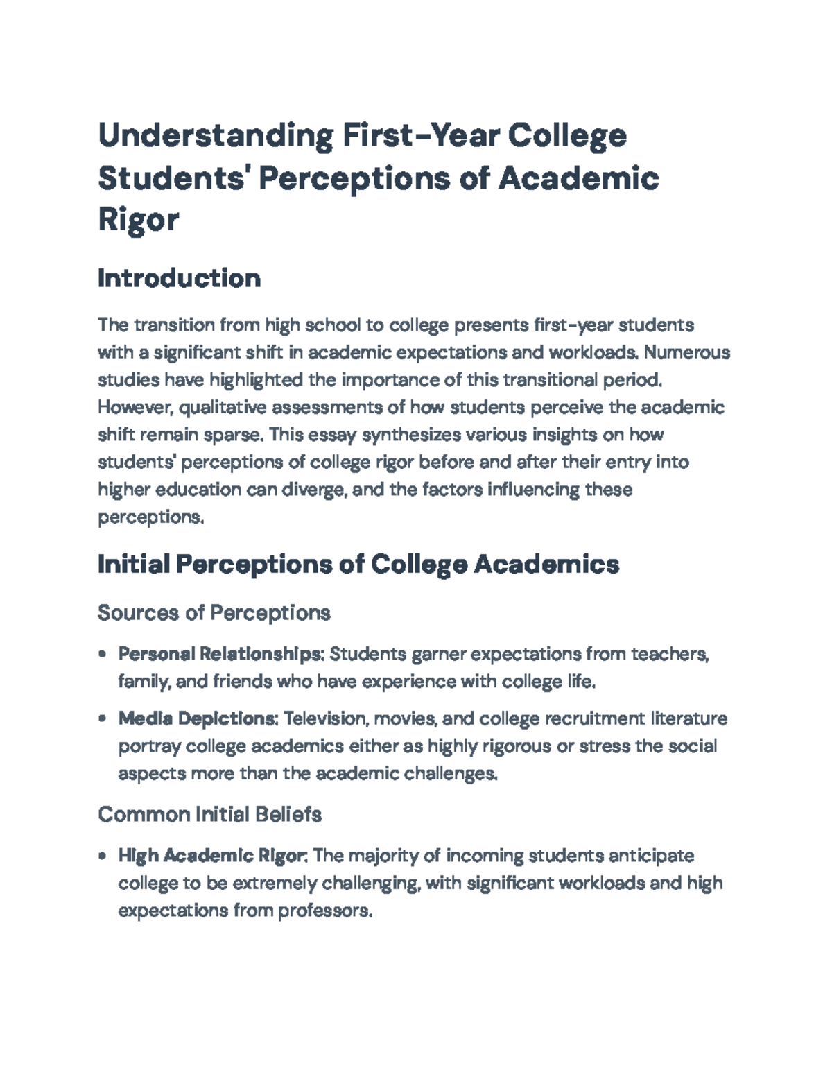 Understanding First-Year College Students' Perceptions of Academic ...