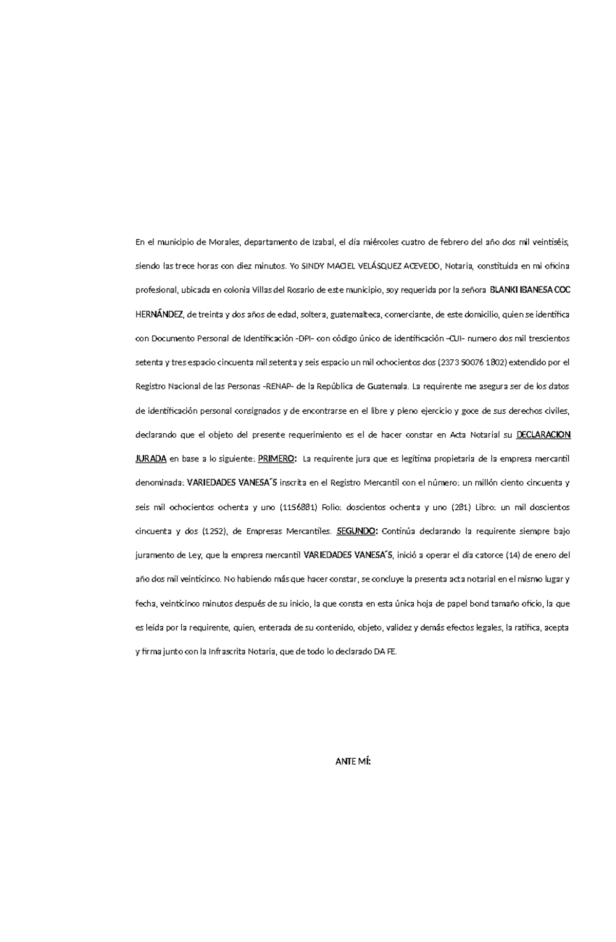 Acta Notarial de Declaración Jurada de Blanki Ivanesa COC H. - Studocu