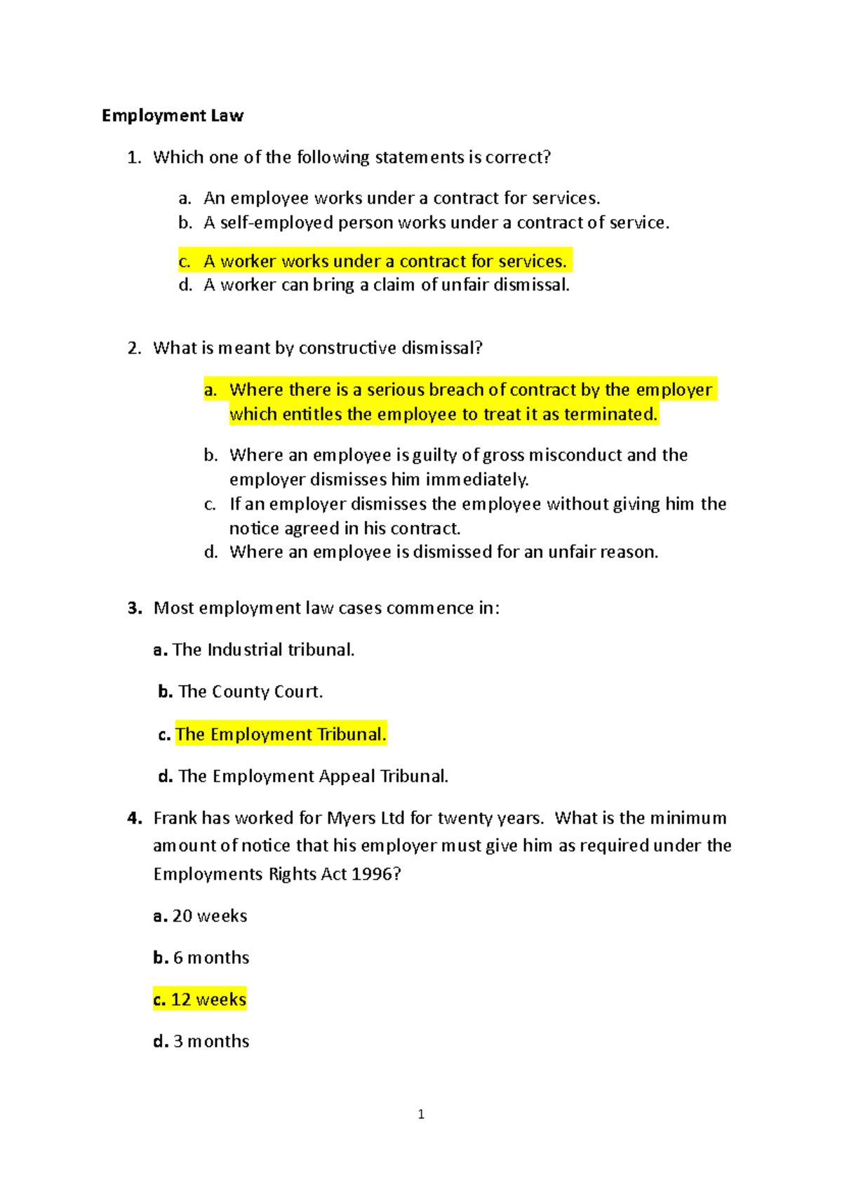 Employment Law Practice Questions and Answers - Studocu