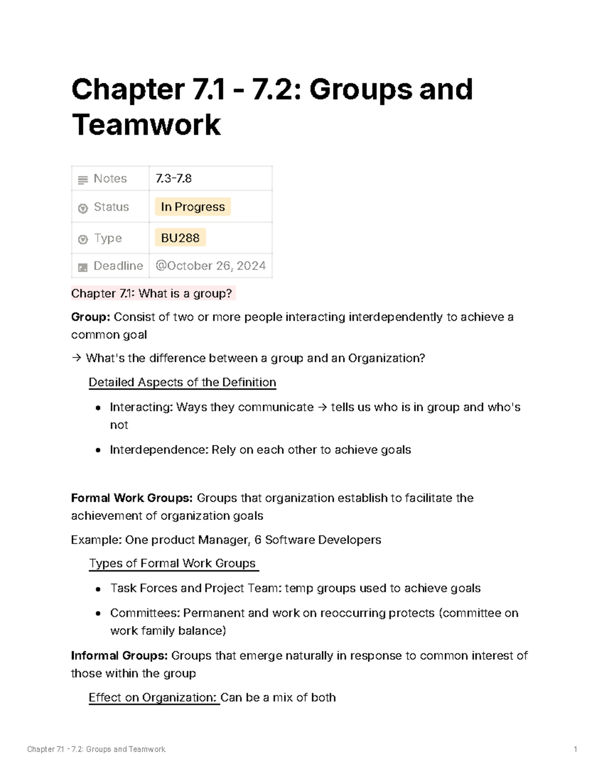 Chapter BU288: 7.1 & 7.2 - Groups and Teamwork Notes - Studocu