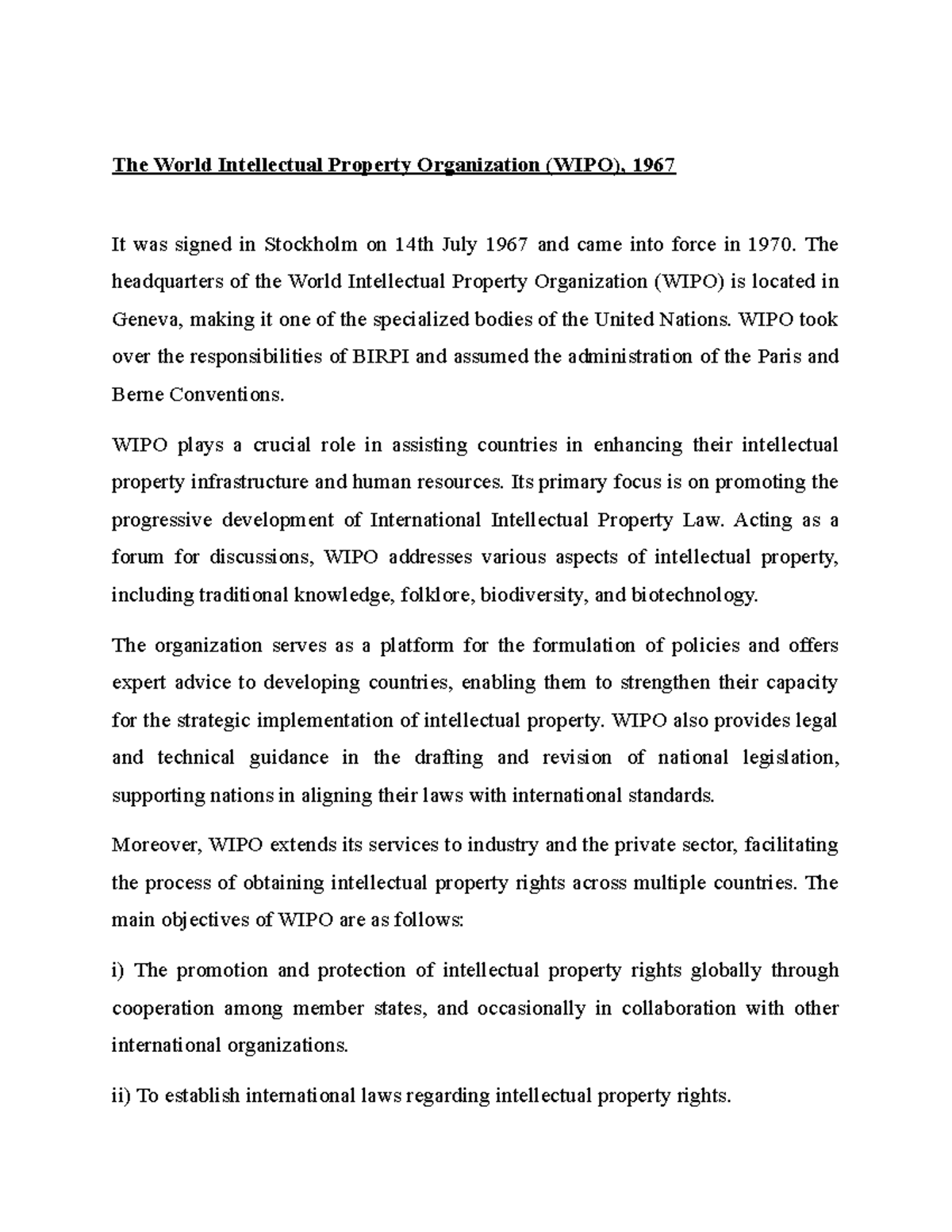 WIPO Overview: Key Functions & Global Impact on IP Law - Studocu