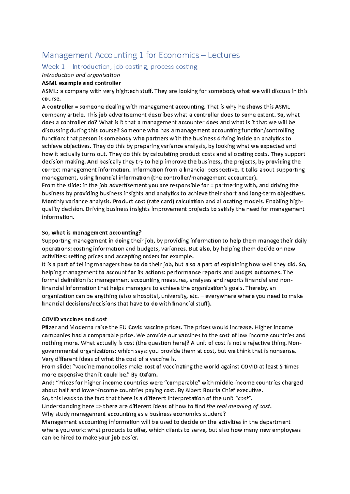 Management Accounting 1 (MA1) - Lecture Notes Overview - Studeersnel
