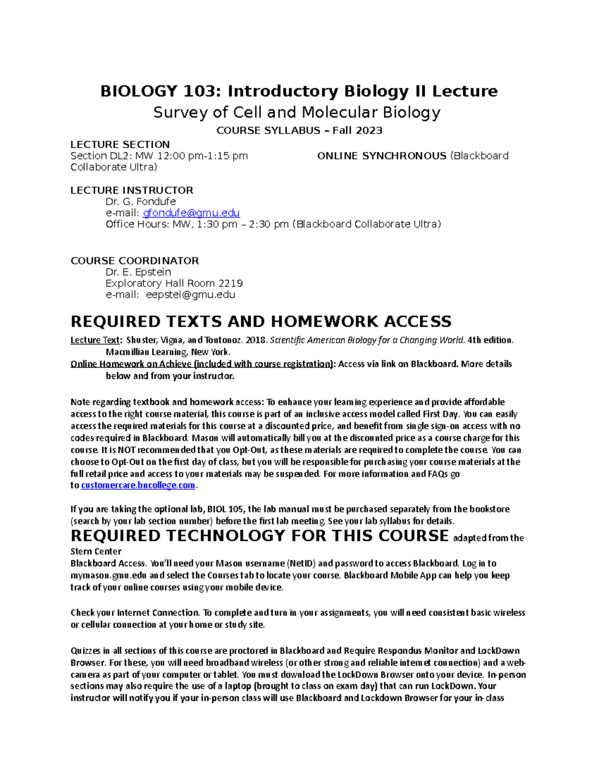 BIOL103 Syllabus: Intro. Biology II - DL2 Fall 2023 Details - Studocu