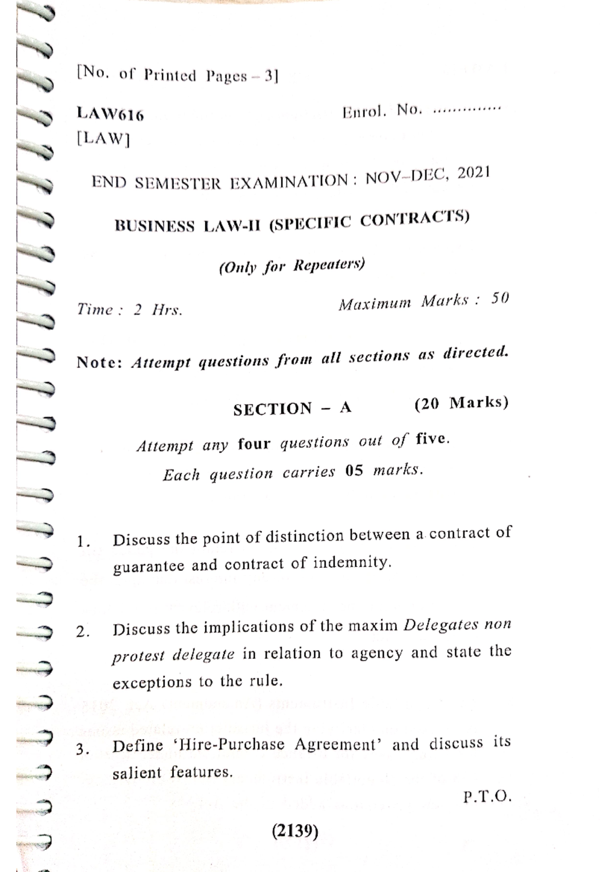 LAW616 End Semester Exam: Business Law on Specific Contracts 2021 - Studocu
