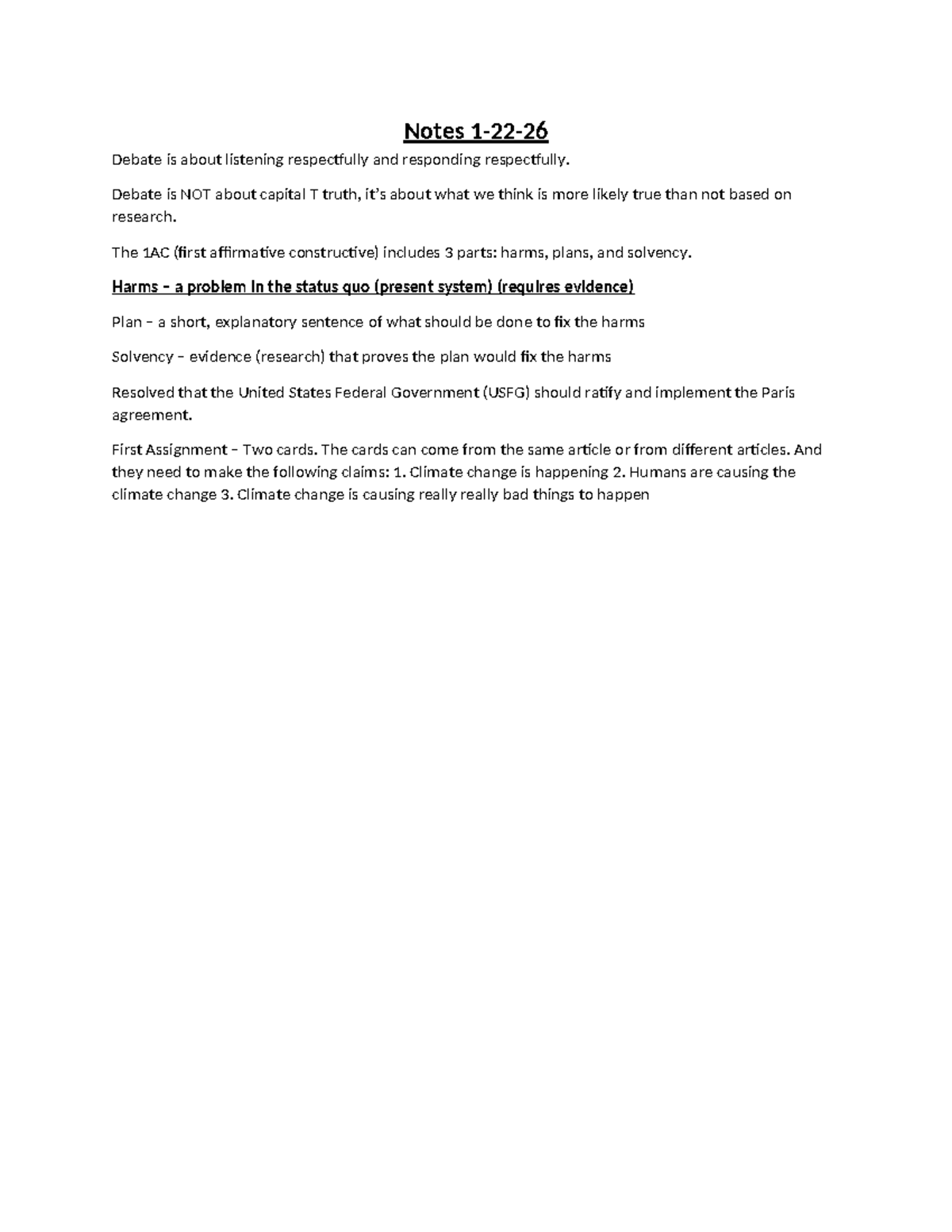 Debate Notes on Climate Change: 1AC Analysis for Course Code 1-22-26 ...