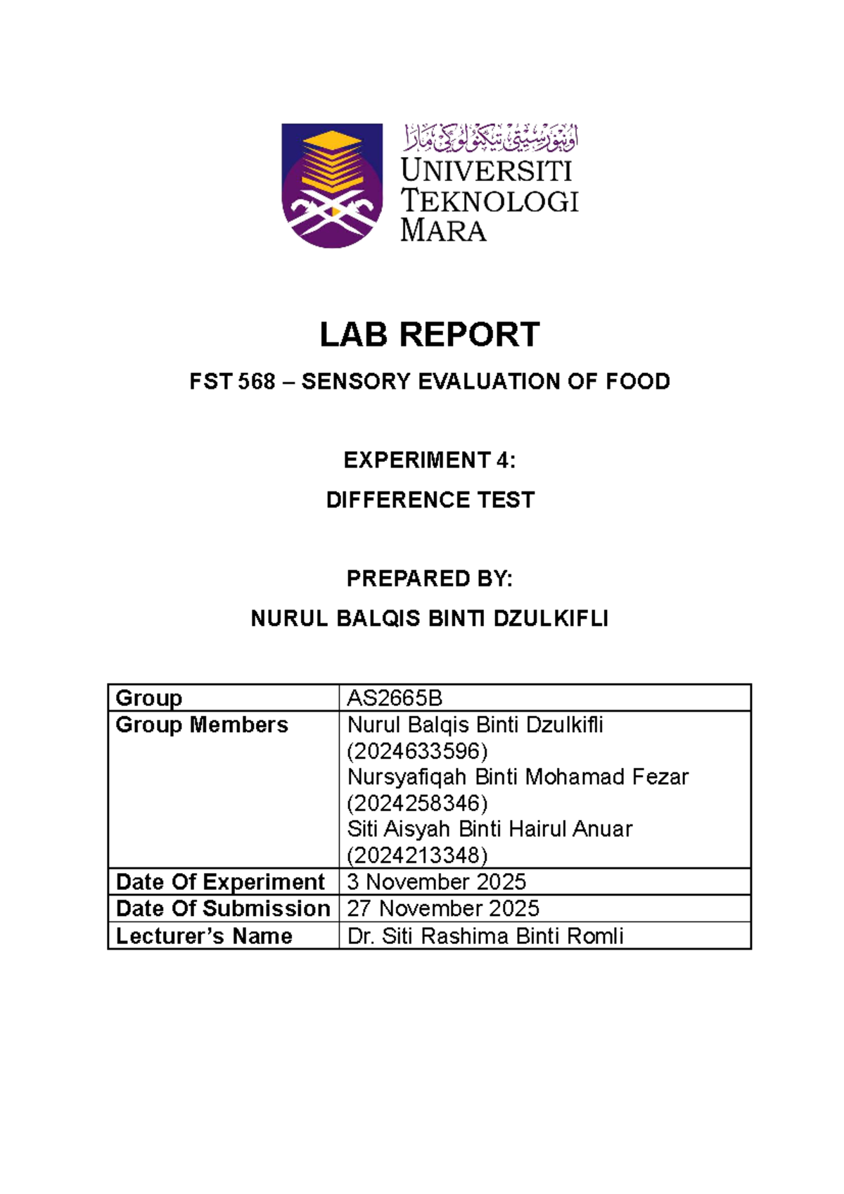 LAB REPORT FST 568: Sensory Evaluation - Difference Test Analysis - Studocu