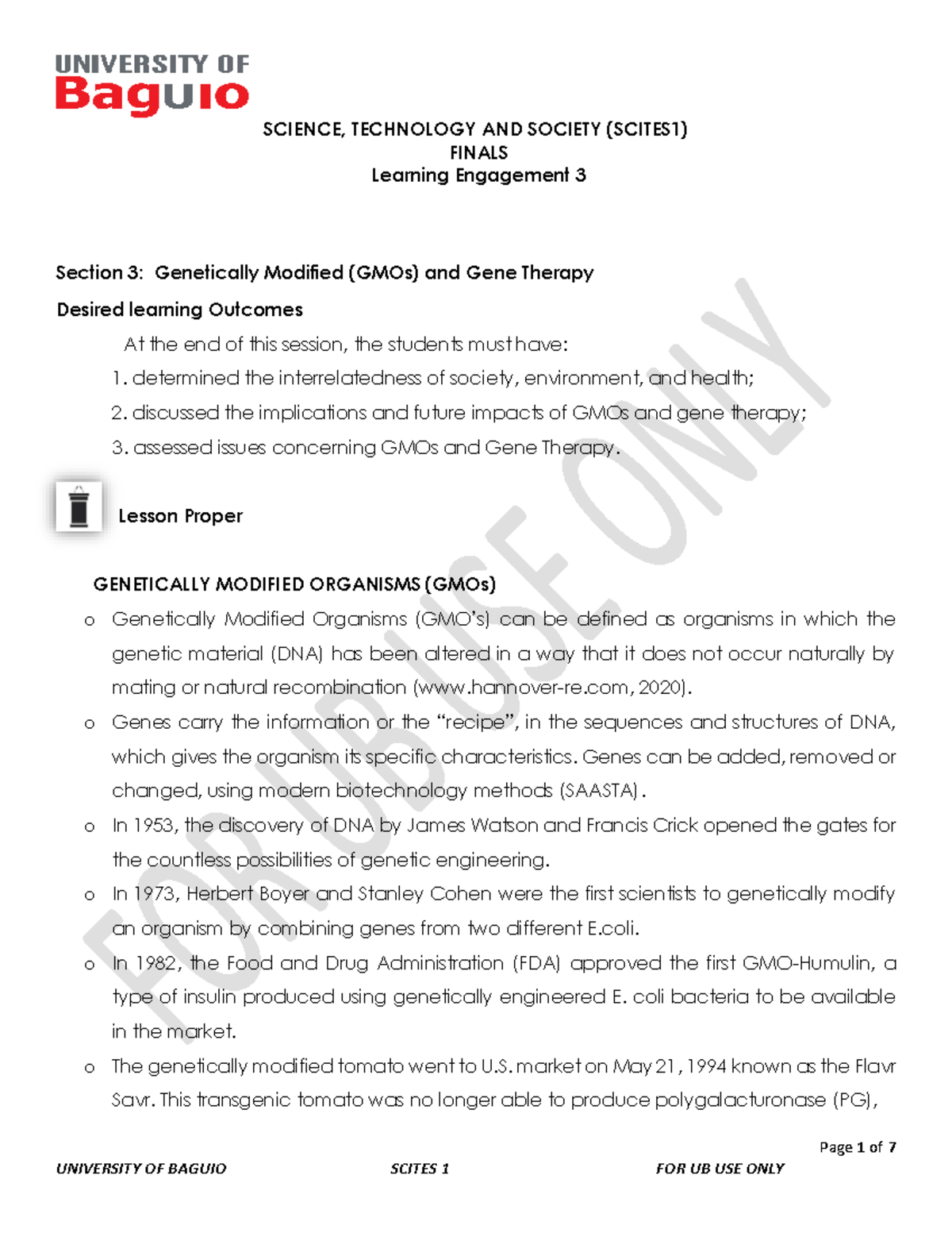 FINALS: Section 3 GMOs & Gene Therapy Overview (Bio 101) - Studocu