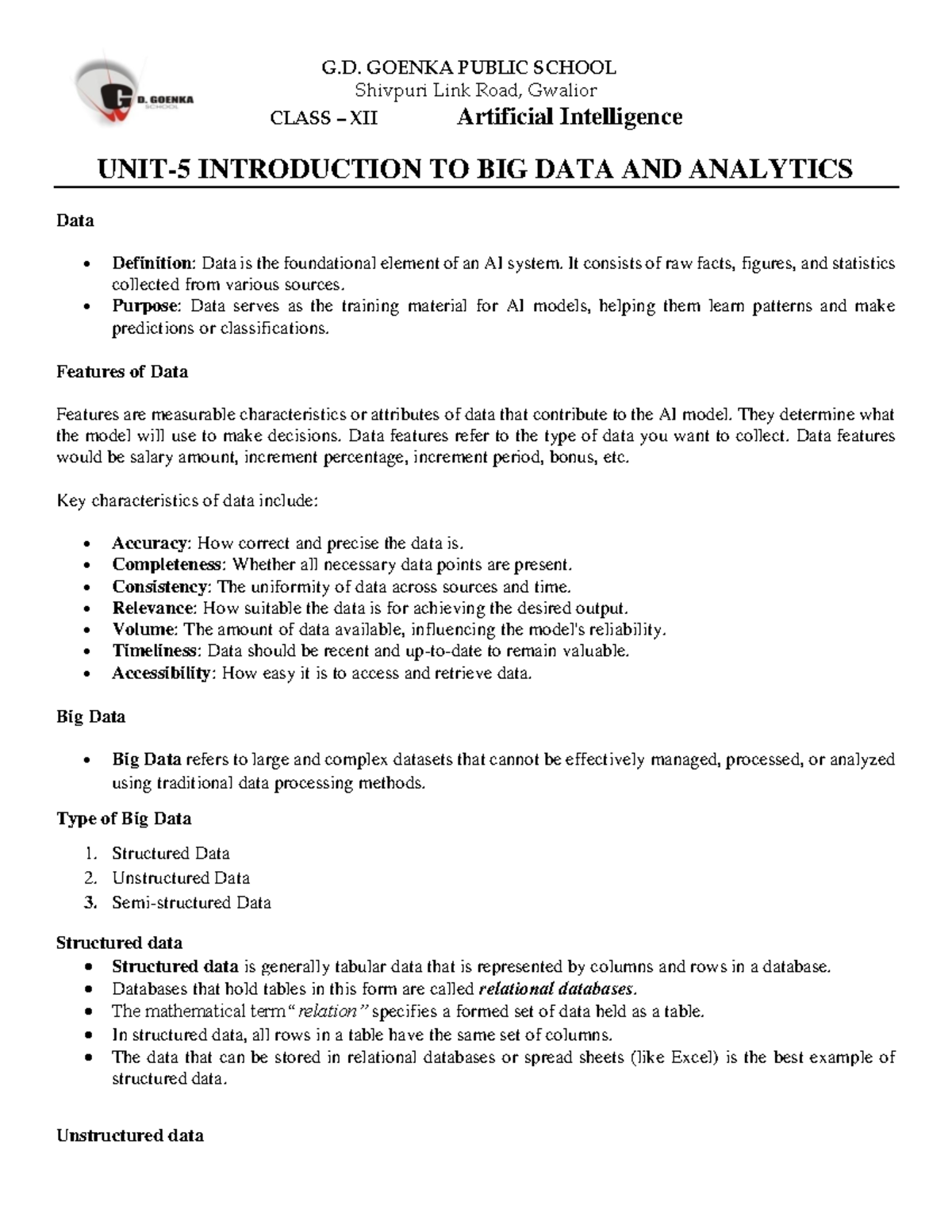CLASS XII AI Unit 5: Introduction to Big Data and Analytics - Studocu