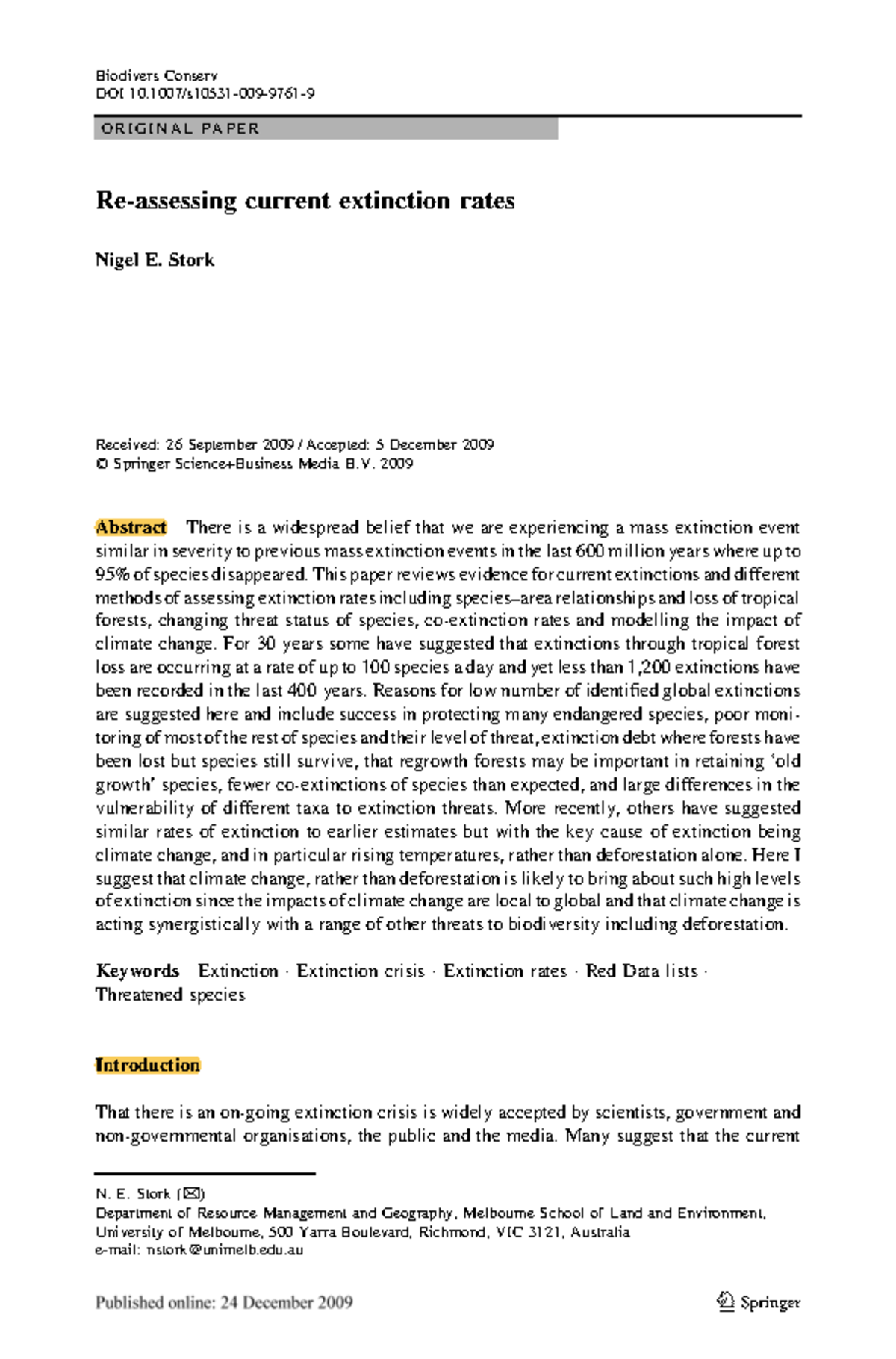 Re-assessing Current Extinction Rates and Biodiversity Loss (BIO 101 ...