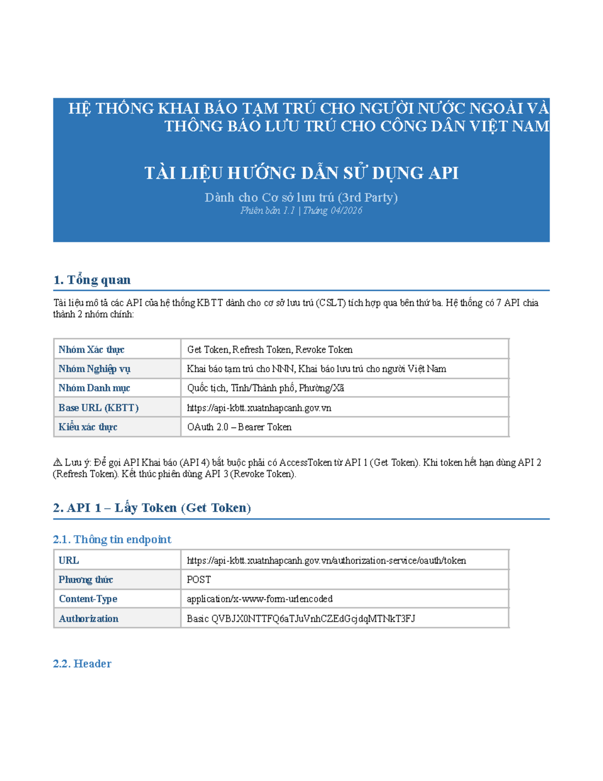 HƯỚNG DẪN TÍCH HỢP API KBTT CHO CƠ SỞ LƯU TRÚ (Version 1.1) - Studocu