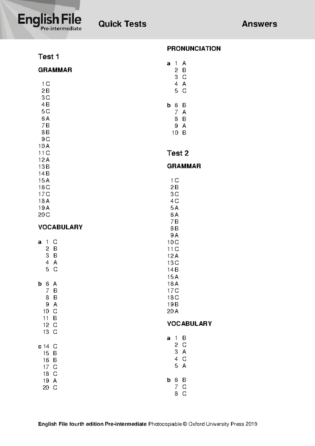EF4e Pre-Intermediate Quicktest Answer Key for All Tests - Document Preview