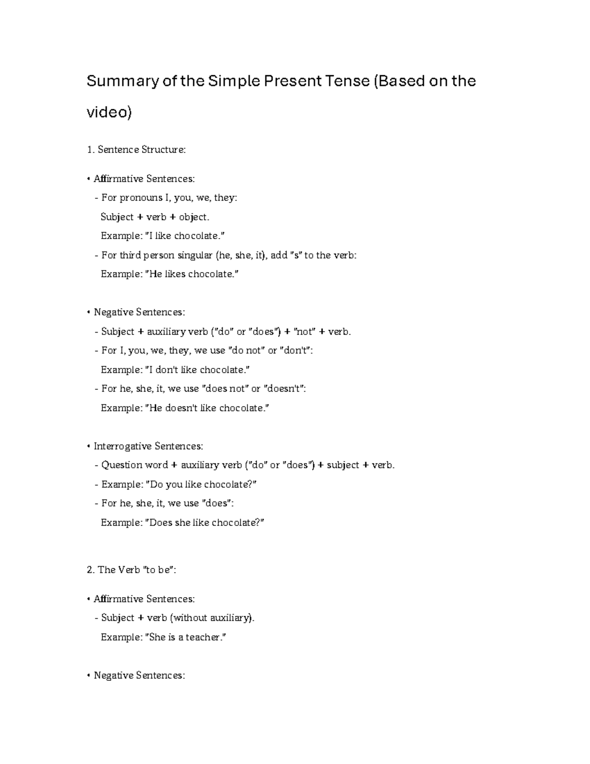 Summary of the Simple Present Tense: Key Structures and Examples - Studocu