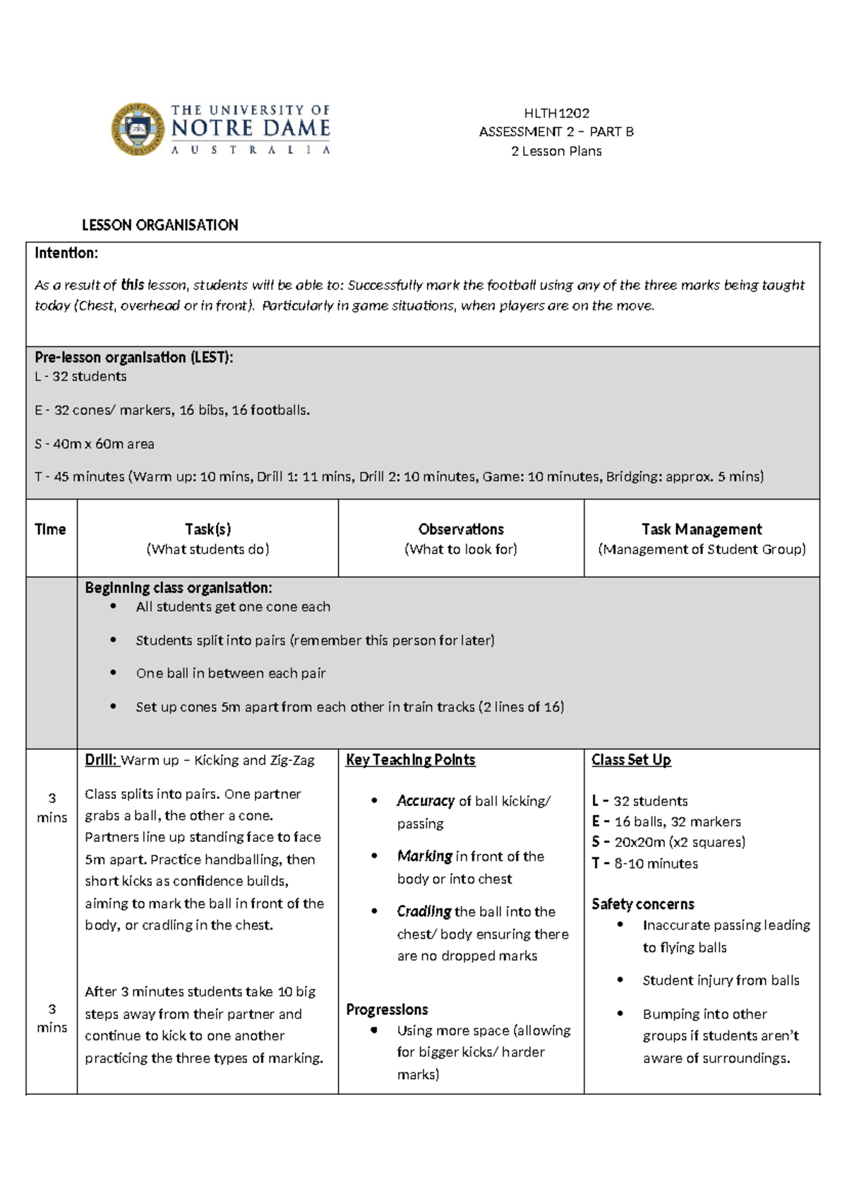 Marking Lesson plan - HLTH ASSESSMENT 2 – PART B 2 Lesson Plans LESSON ...