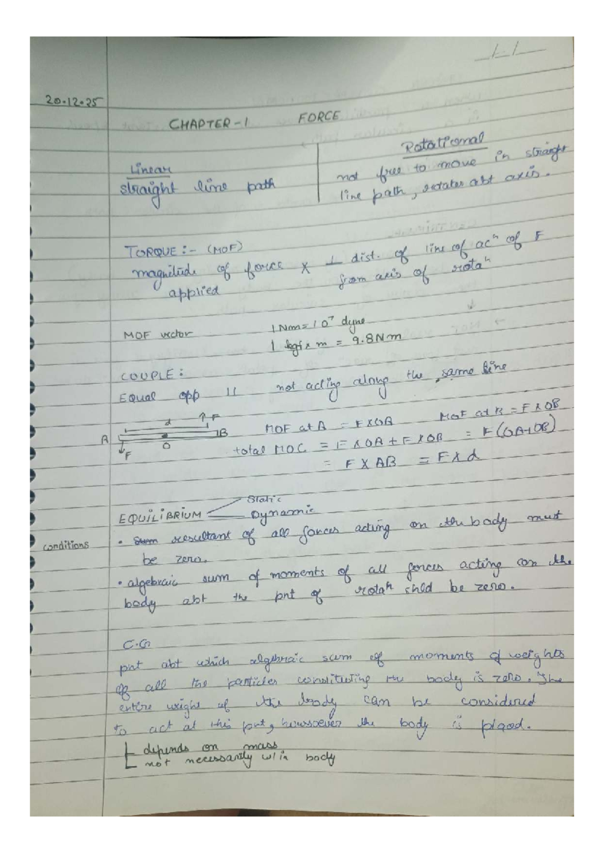 Icse X Physics Chapter 1: Force Notes on Linear and Rotational Motion ...