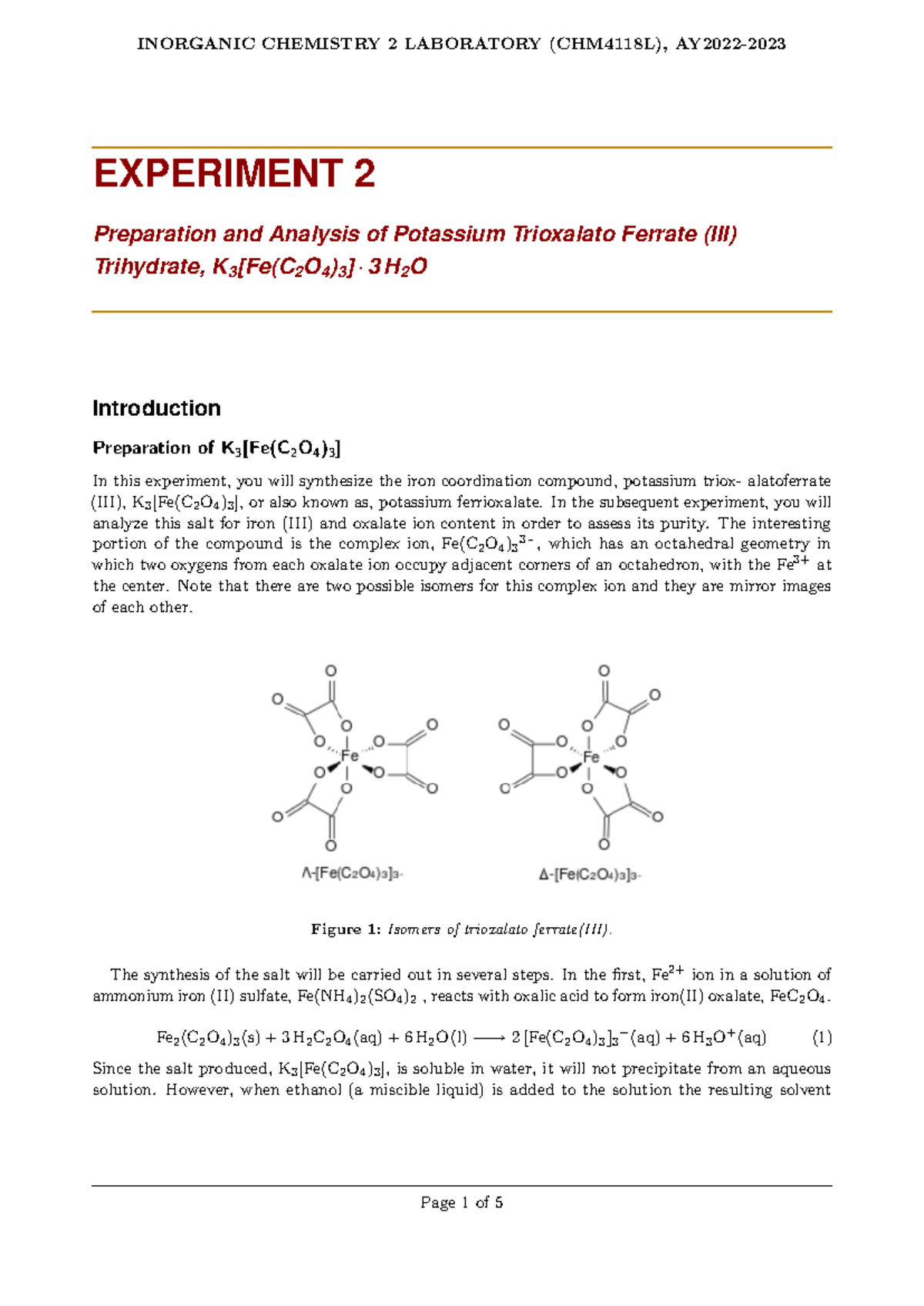 Experiment 2: Prep & Analysis of Potassium Ferrioxalate (K3[Fe(C2O4)3 ...
