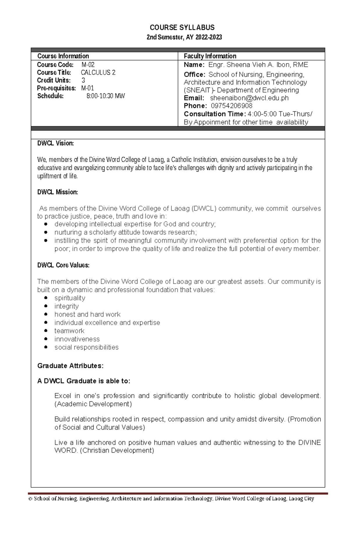 CALCULUS 2 Syllabus (3 Units) - 2nd Sem, AY at DWCL - Studocu