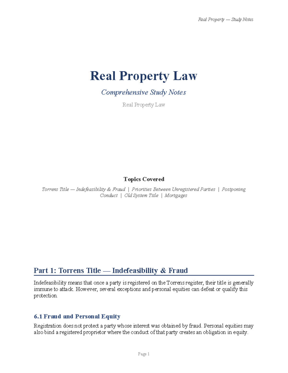 Real Property Law Study Notes (Course Code: RPL101) - Comprehensive ...
