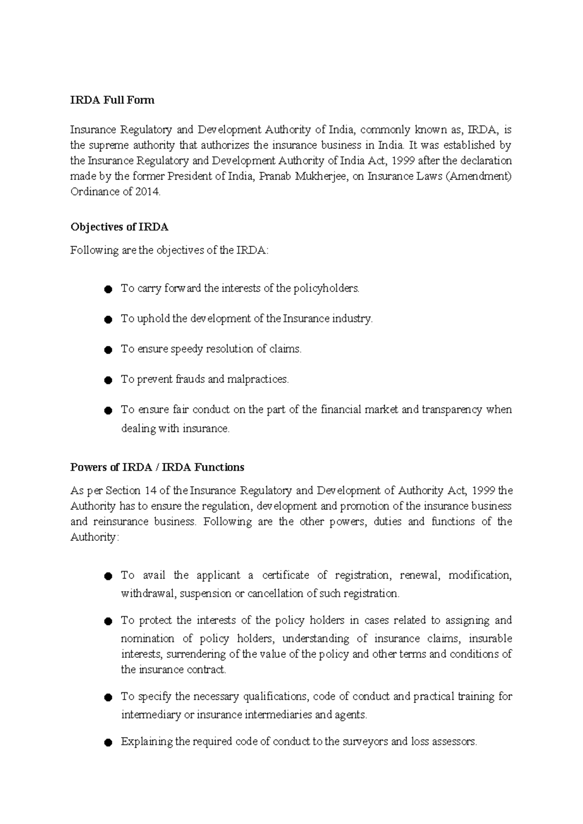 IRDA & Consumer Protection: Overview of Regulatory Framework - Studocu