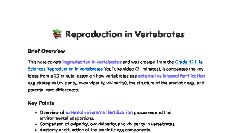 Grade 12 Life Sciences: Overview of Vertebrate Reproduction - Studocu