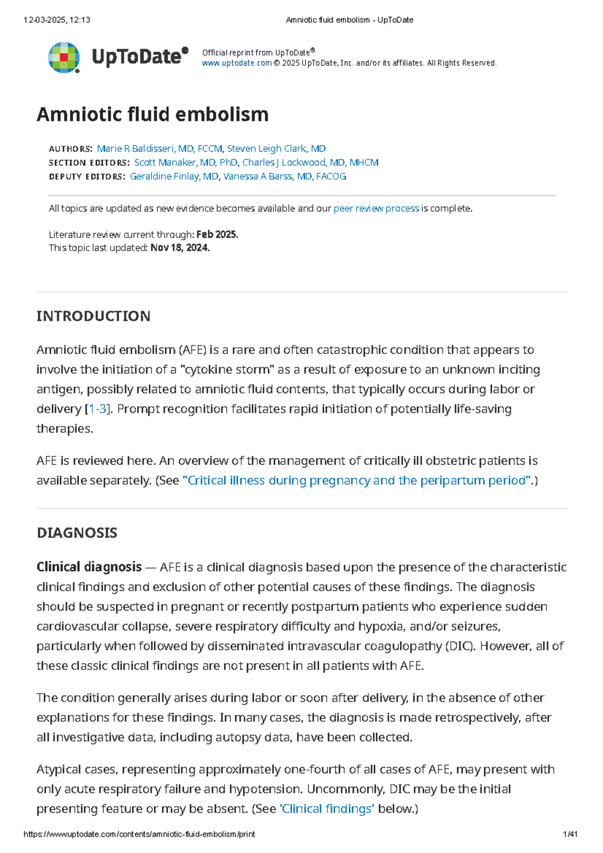 Management of Amniotic Fluid Embolism (AFE) - UpToDate Review - Studeersnel