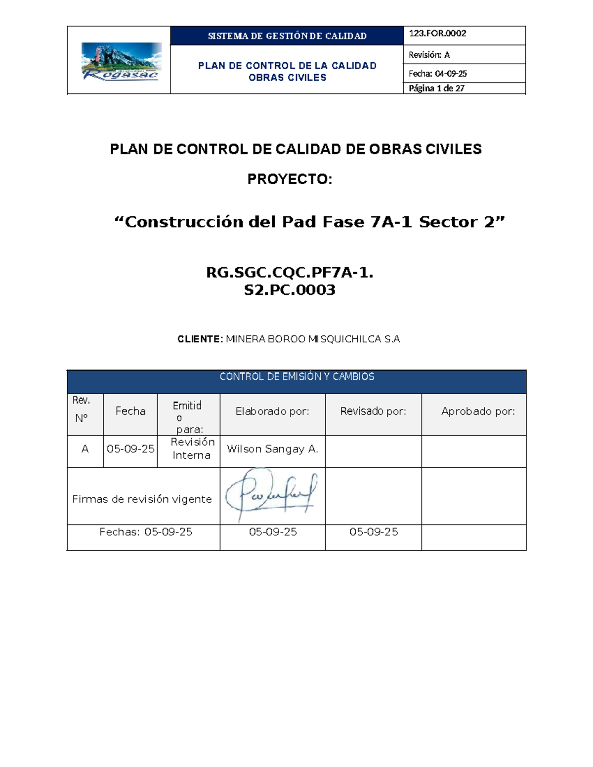 PLAN DE CONTROL DE CALIDAD OBRAS CIVILES RG.SGC.CQC.PF7A-2.S1.PC.0003 Revisión A - Document Preview