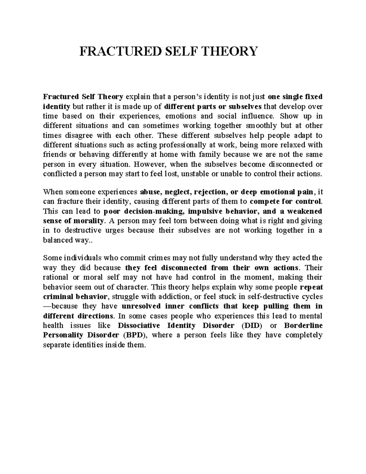 FRACTURED SELF THEORY: Understanding Identity and Subselves - Studocu