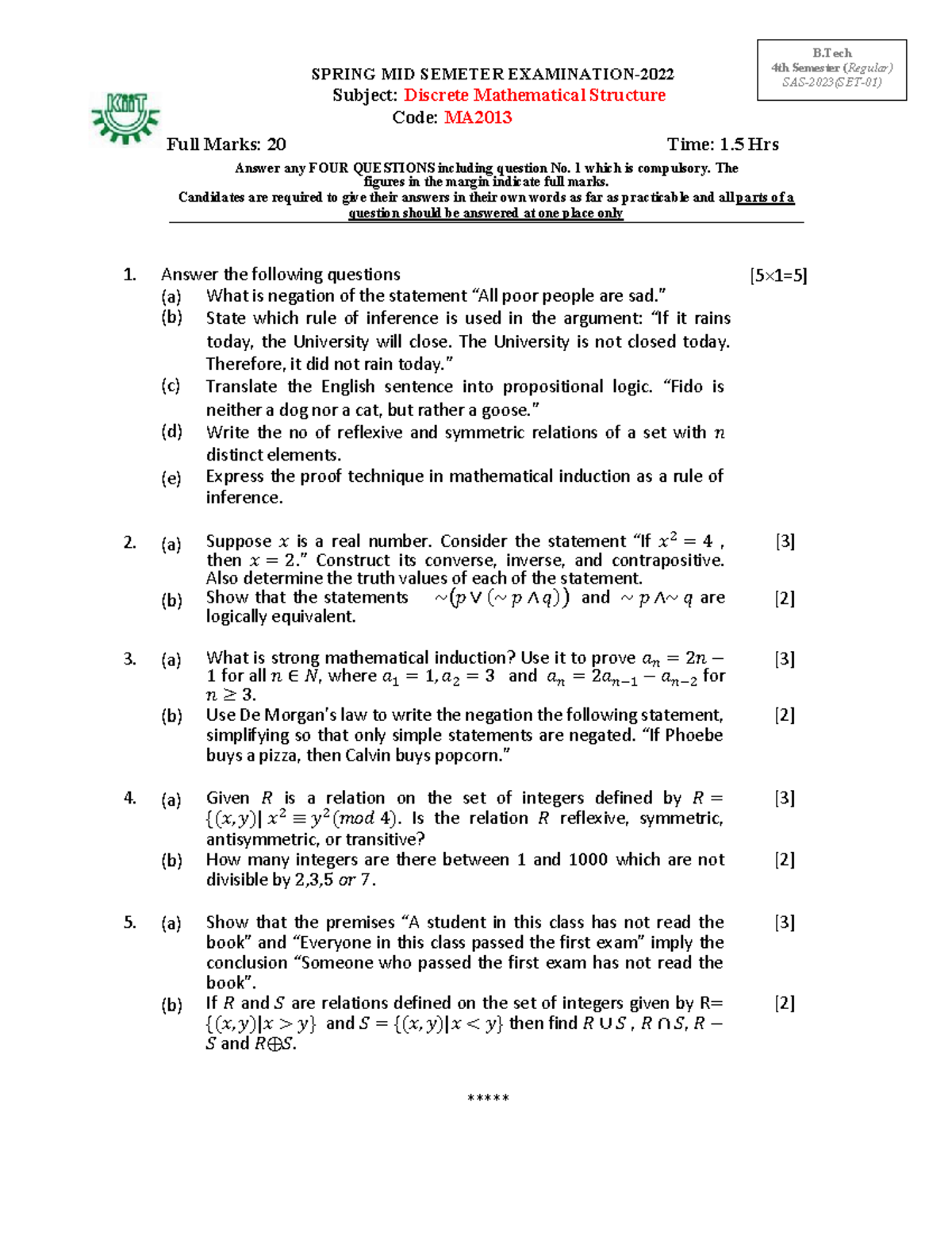 MA2013 DMS Mid Sem Exam Practice Questions Set 1 - Studocu