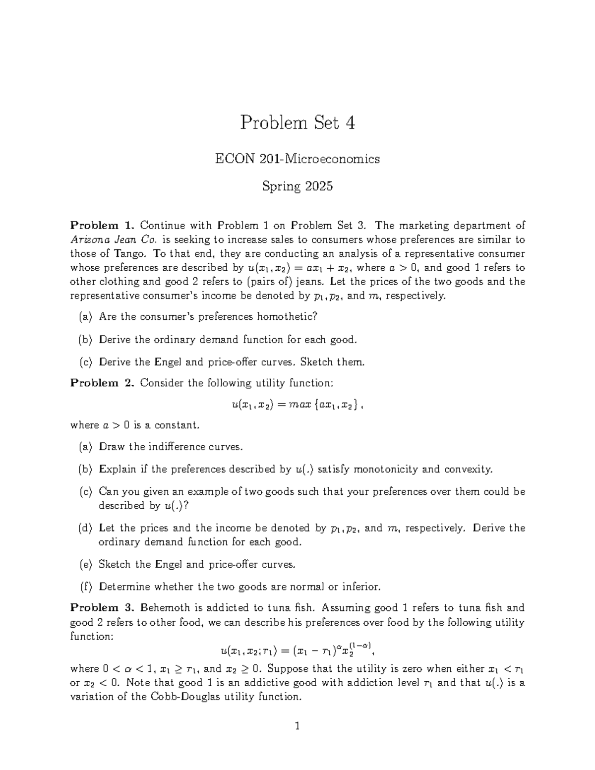 Econ201 Problem Set 4: Consumer Preferences & Demand Analysis - Studocu