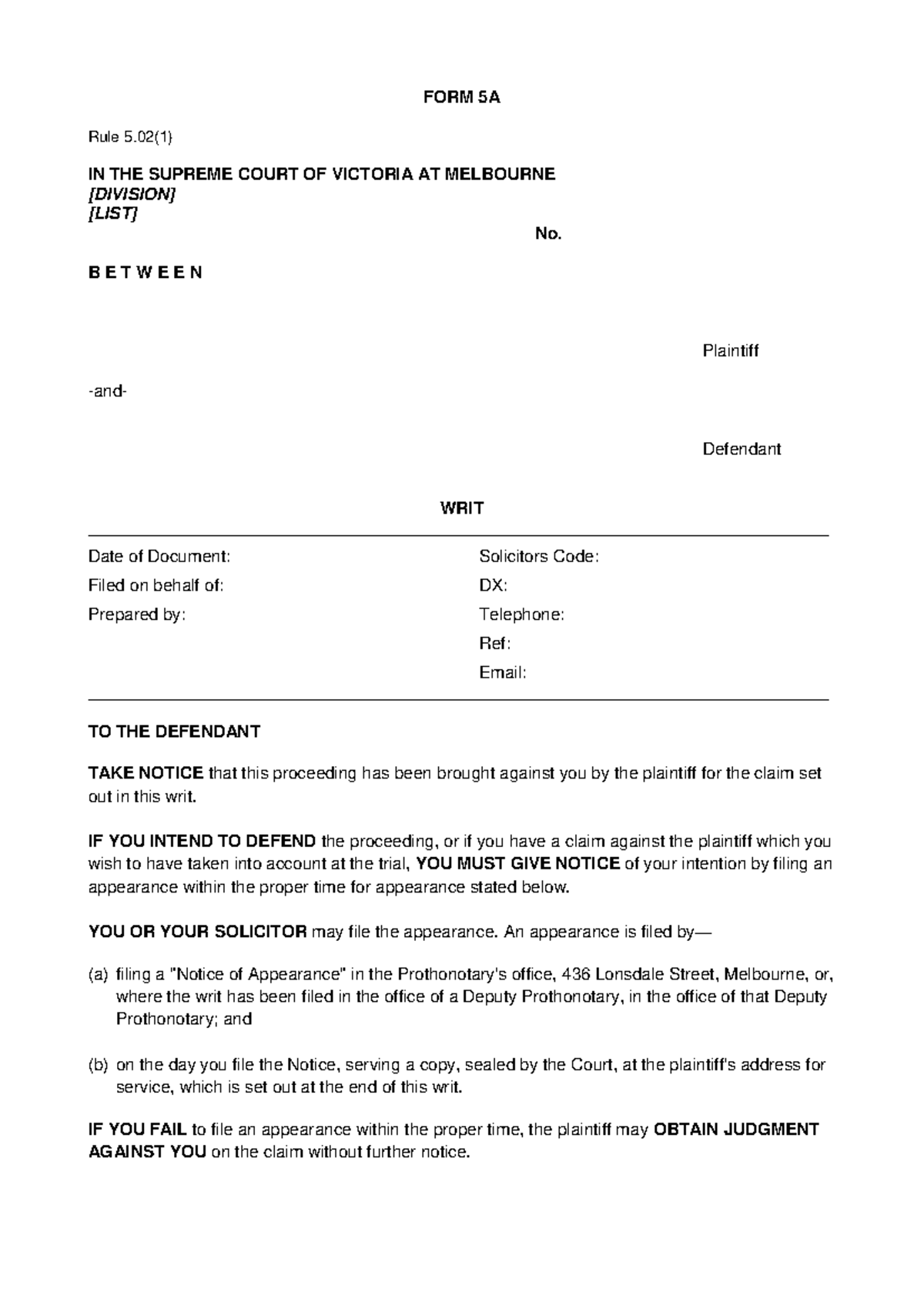 Form 5A Writ Instructions for Supreme Court of Victoria - 07032019 ...