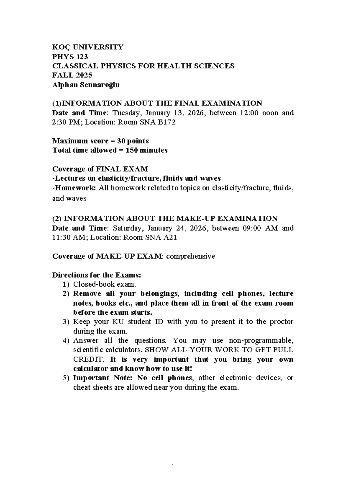 KOÇ UNIVERSITY PHYS 123 FINAL EXAM INSTRUCTIONS FALL 2025 - Studocu