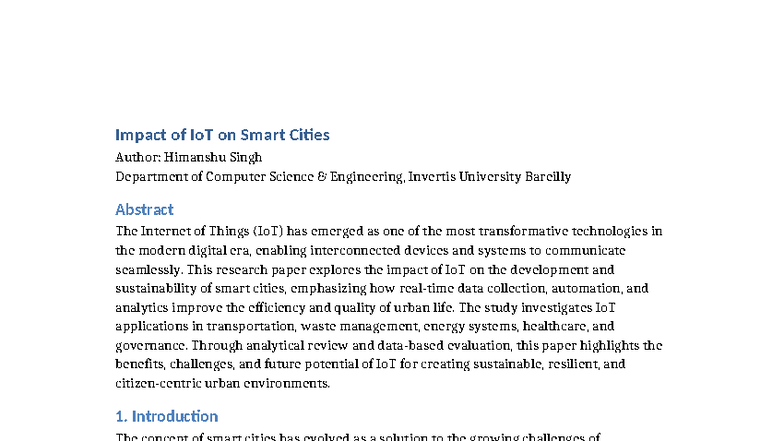 Impact of IoT on Smart Cities: A Research Study - Studocu