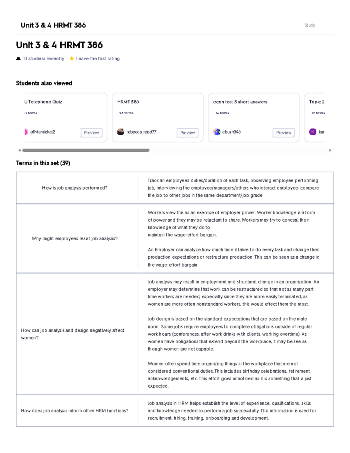 Unit 3 & 4 HRMT 386 Flashcards Quizlet - Unit 3 & 4 HRMT 386 10 ...
