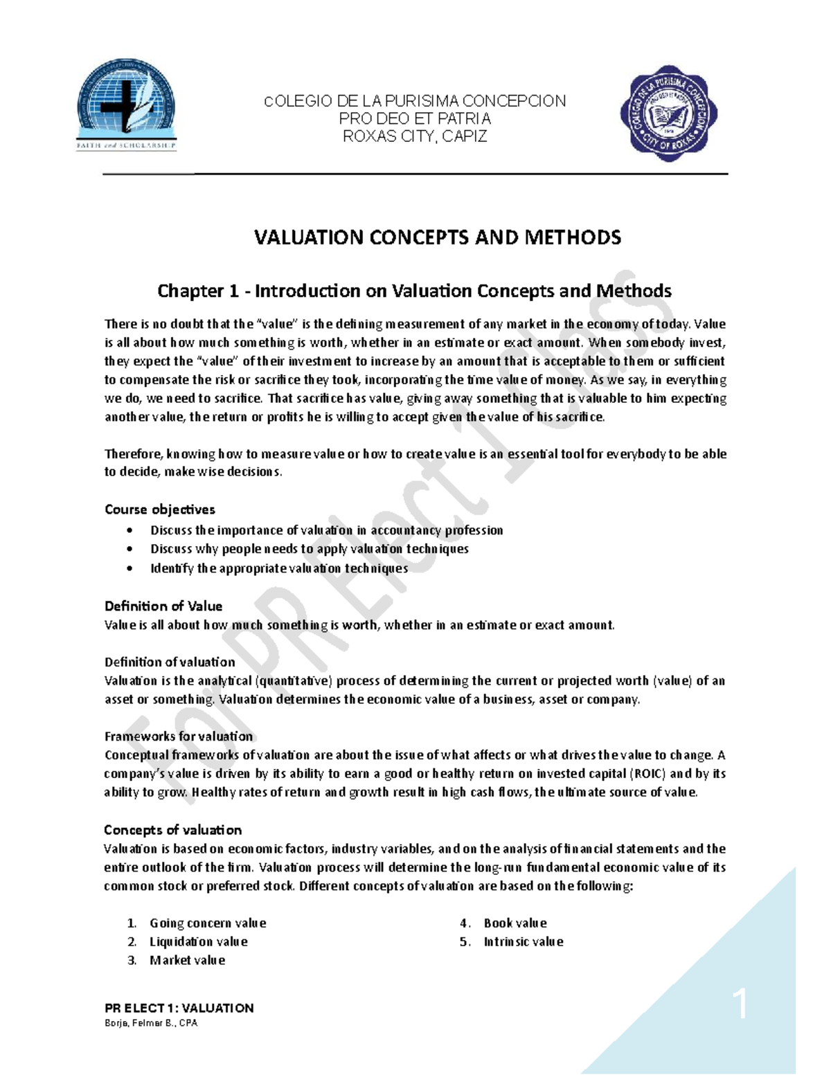 PR ELECT 1: VALUATION Chapter 1 - Introduction to Valuation Concepts ...