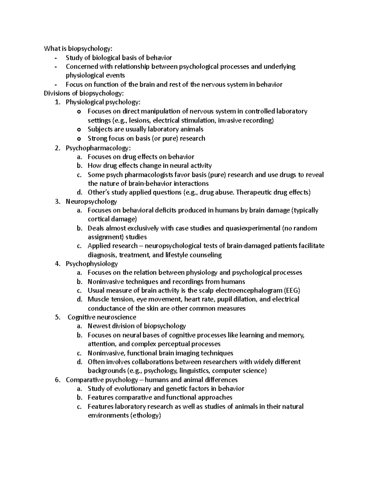 Intro to biopsychology notes - What is biopsychology: - Study of ...