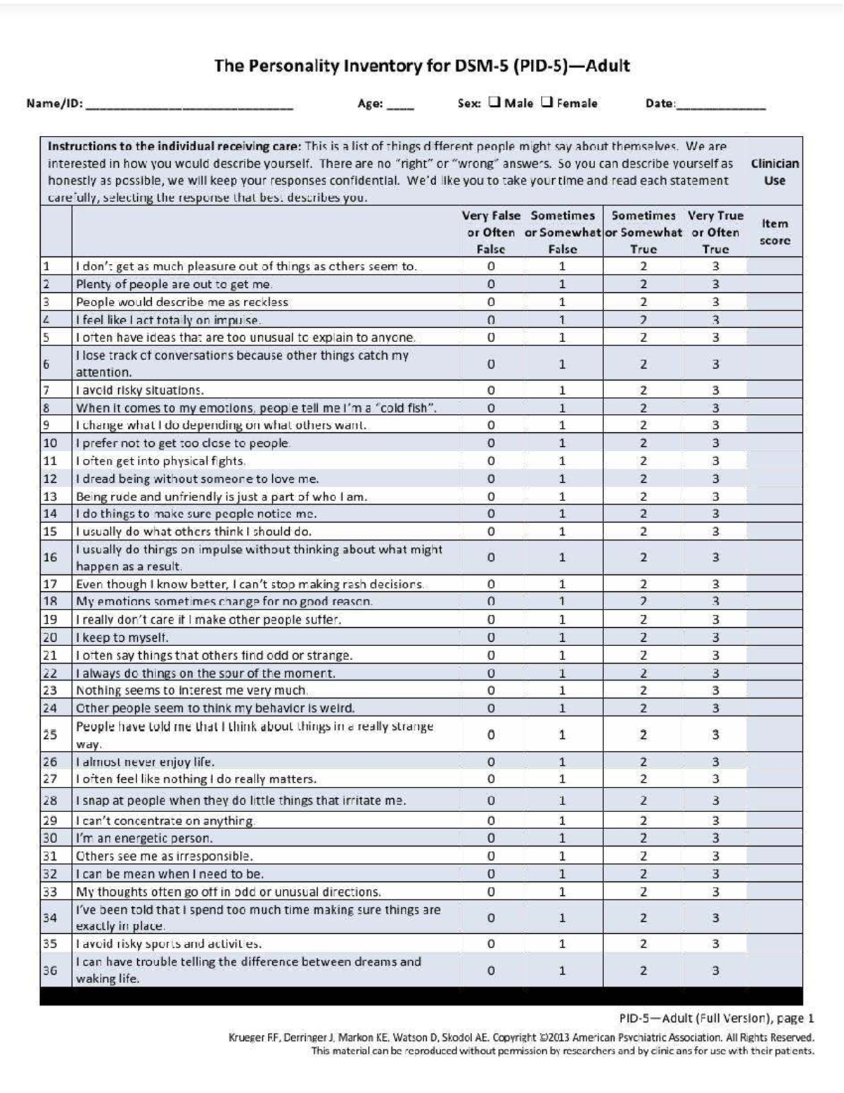 PID-5 Adult Personality Inventory: Full Version Questionnaire - Studocu