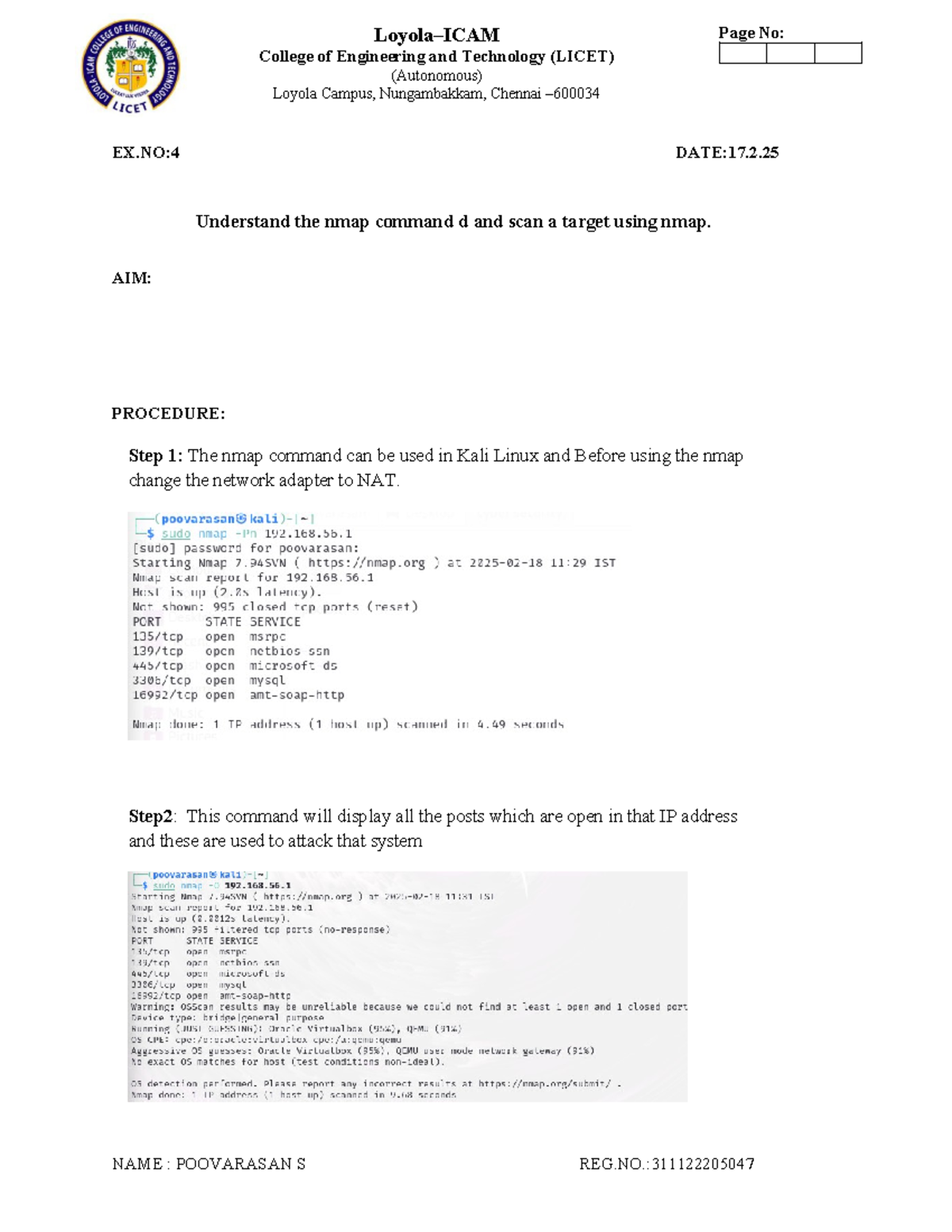 CS4 - Cyber Security Lab: nmap Command Usage and Extra Tools (CCS340 ...