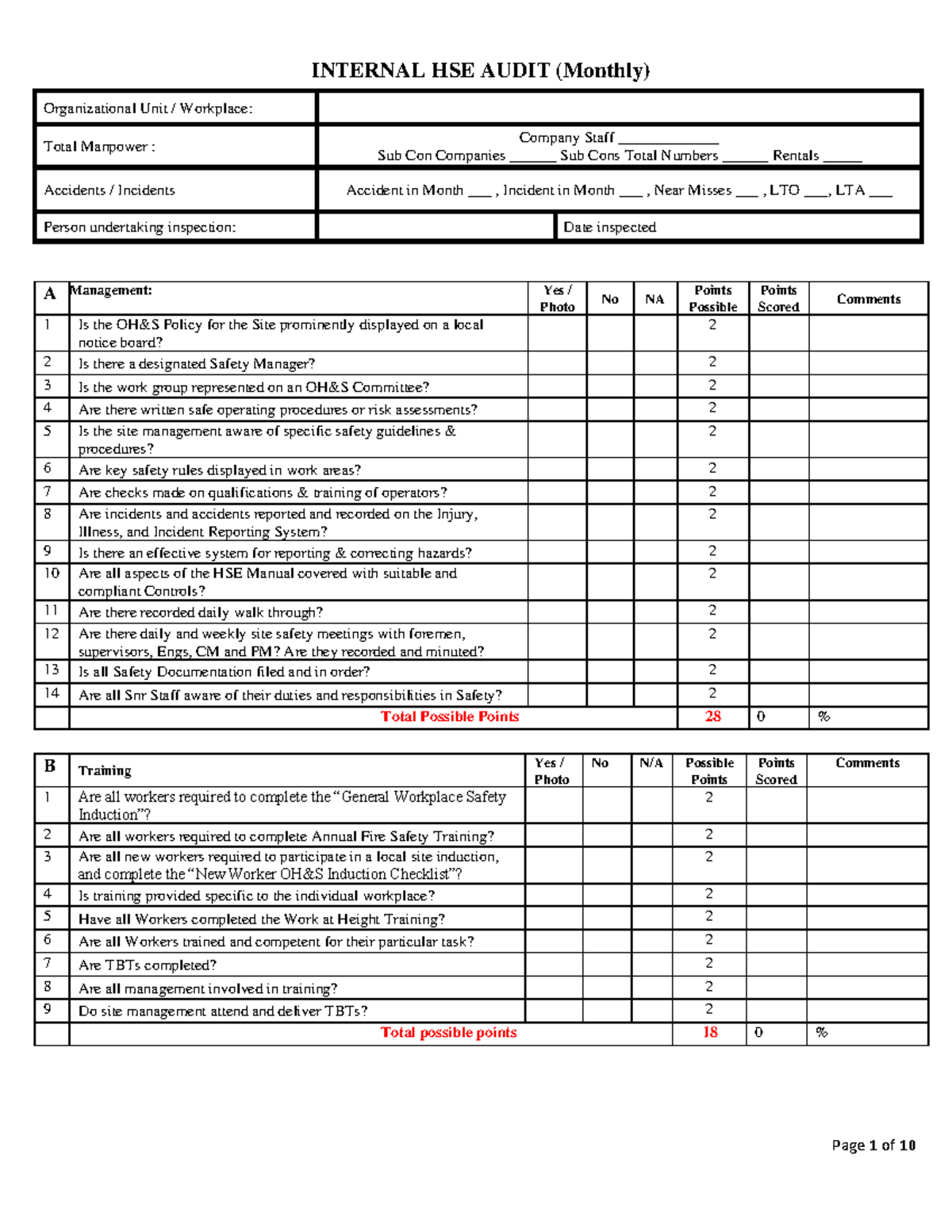 Monthly HSE Internal Audit Checklist - Comprehensive Evaluation ...