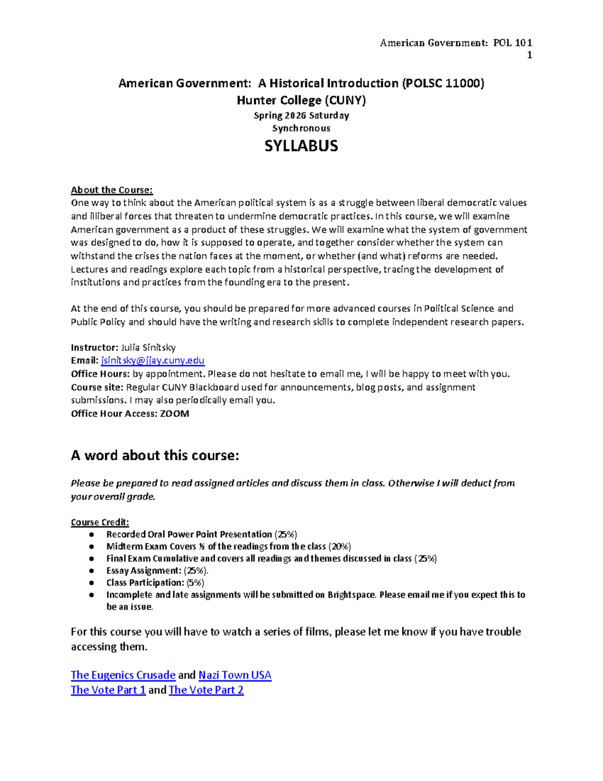 American Government Syllabus: POL 101 - Spring 2026 Overview - Studocu
