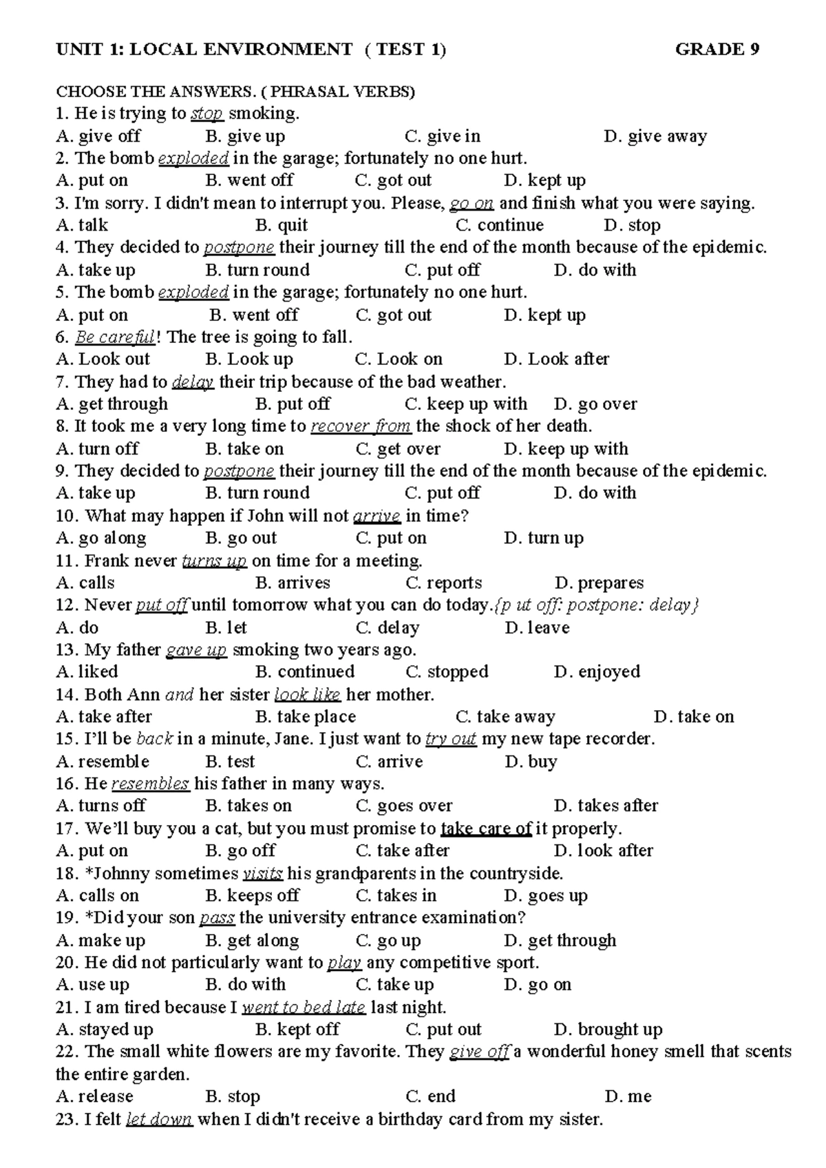 UNIT 1 - Grade 9 Exercises for Pronunciation and Sentence Completion ...
