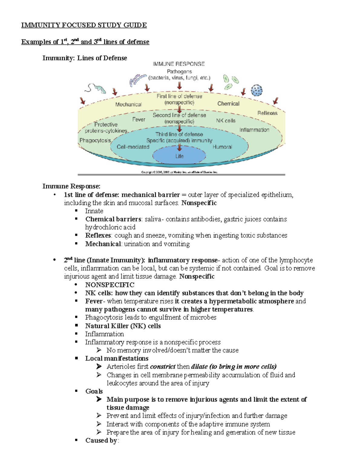 Immunity Study Guide: Lines of Defense and Inflammatory Response - Studocu