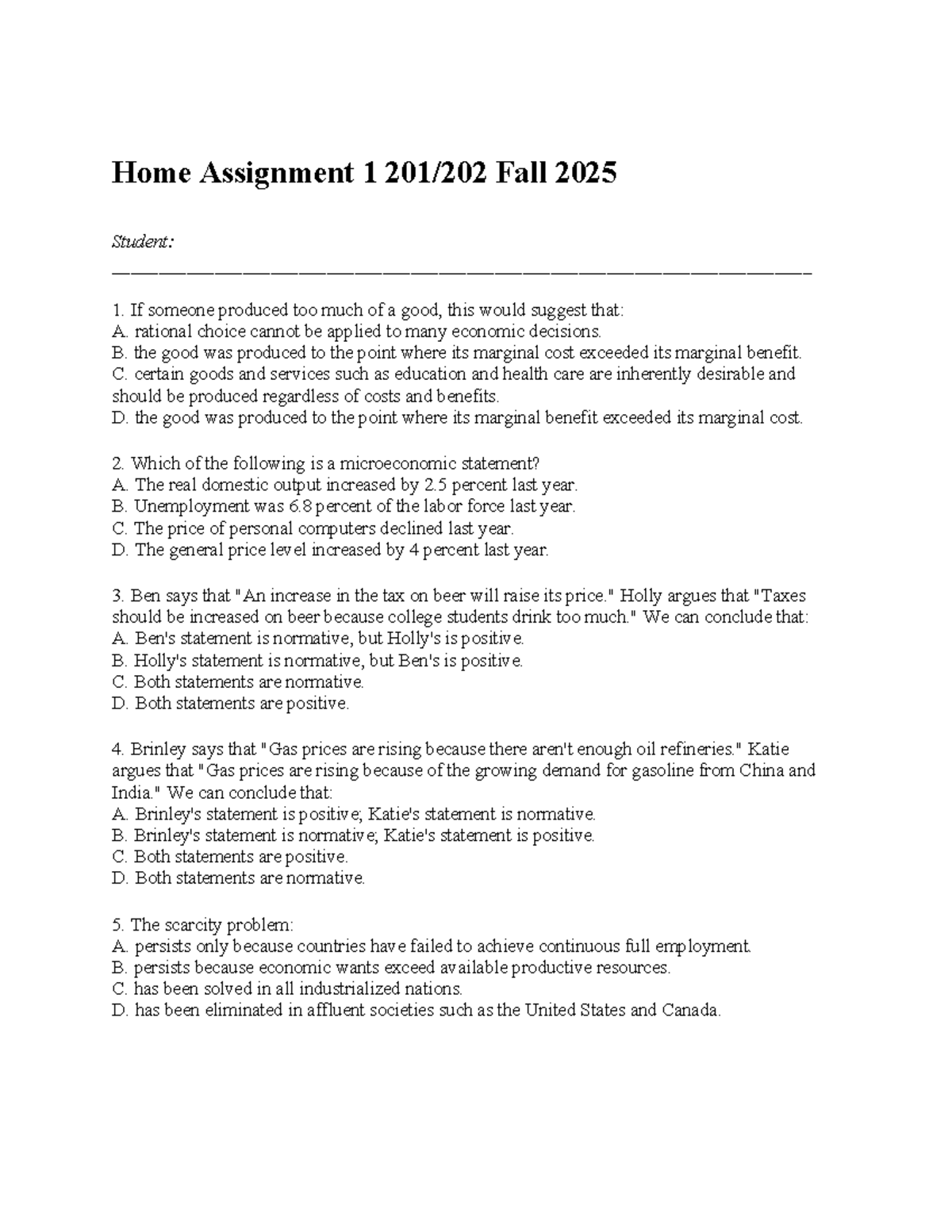 Microeconomics Home Assignment 1 Study Guide 201/202 Fall 2025 - Studocu