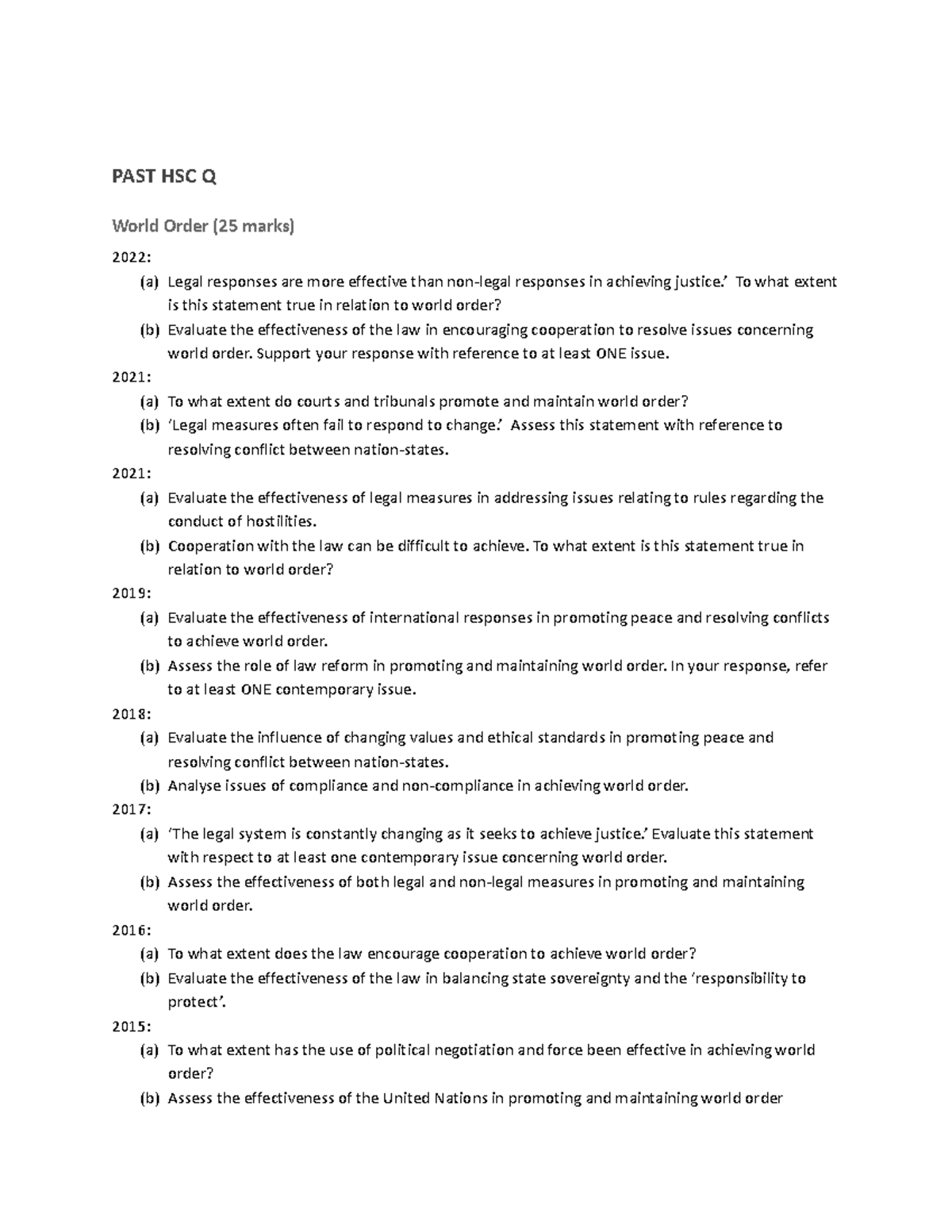 HSC Past Essay Questions: Evaluating World Order Effectiveness - Studocu