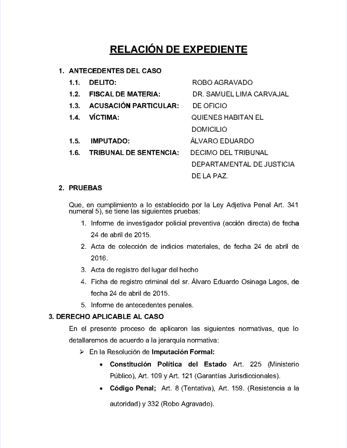 Relación de Expediente sobre Robo Agravado - Caso Álvaro Osinaga - Document Preview