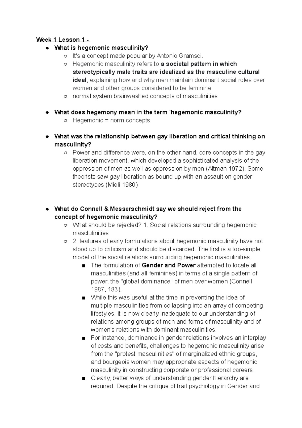 Week 1 & 2 Women Studies Notes: Hegemonic Masculinity Insights - Studocu