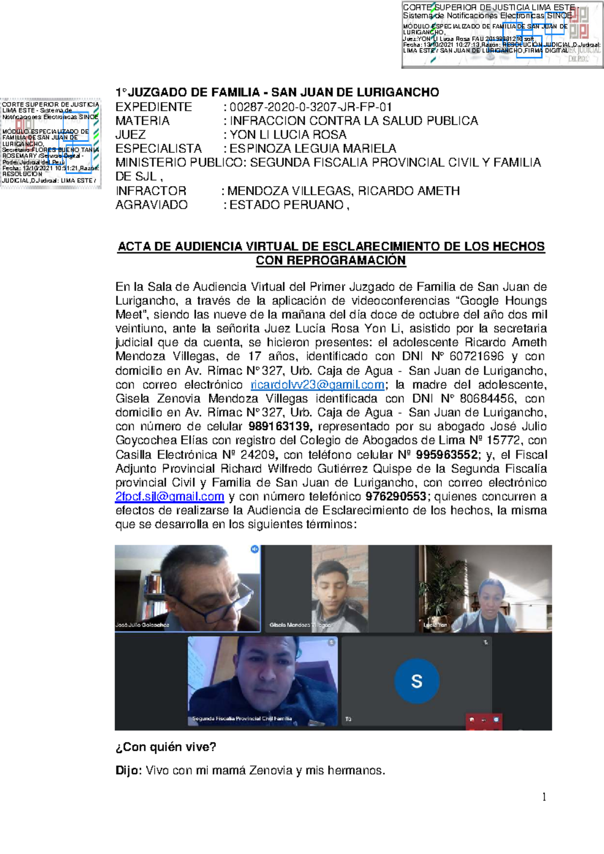 ACTA AUDIENCIA VIRTUAL - INFRACCIÓN SALUD PÚBLICA (Exp. 00287-2020) - Document Preview